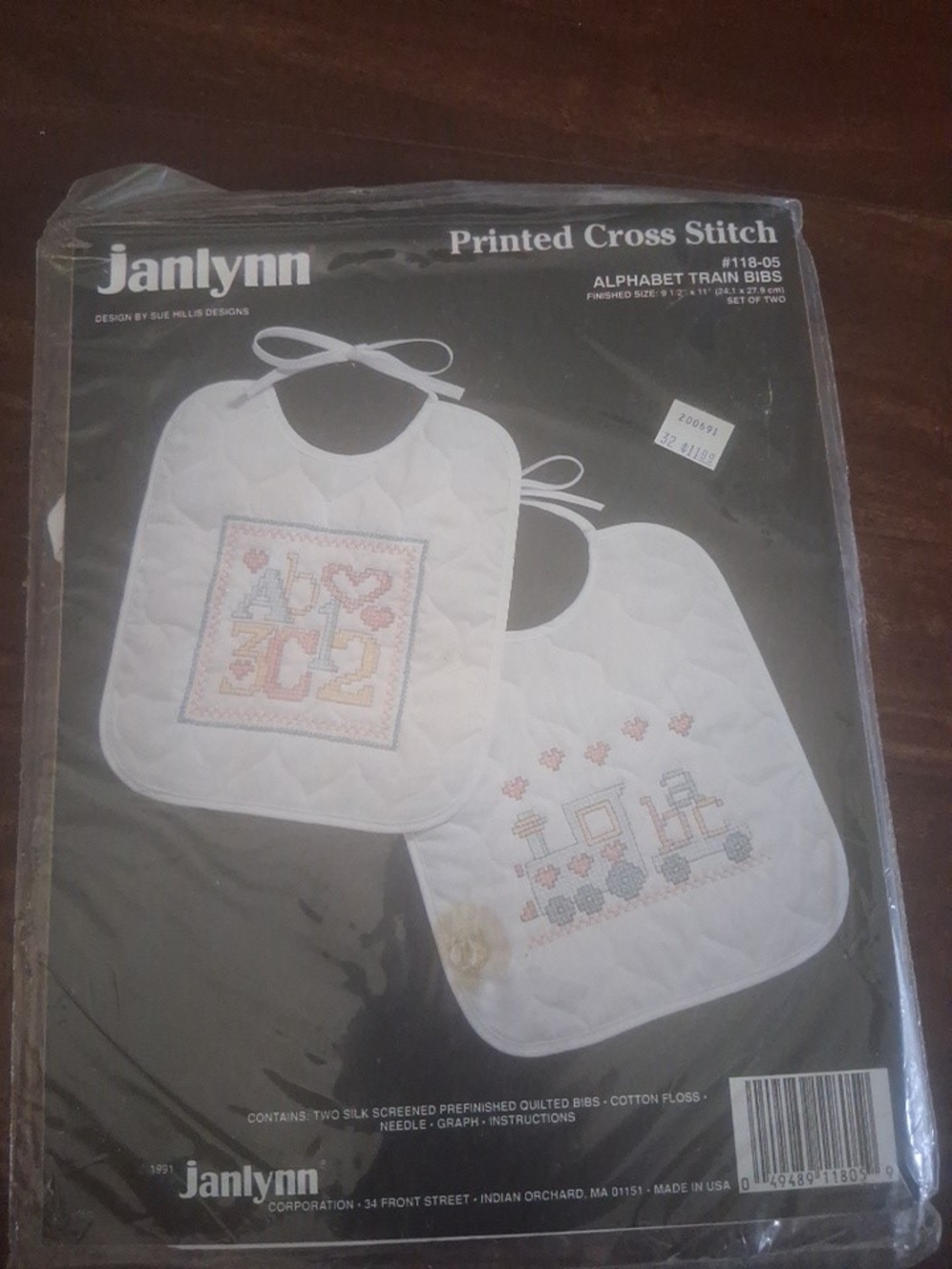 Janlynn Printed Cross Stitch Baby Bib Set - White with Pastel Train and Alphabet
